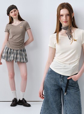 PSO Brand 女装【大V领】刺绣小狗抽褶短袖T恤收腰显瘦上衣潮牌