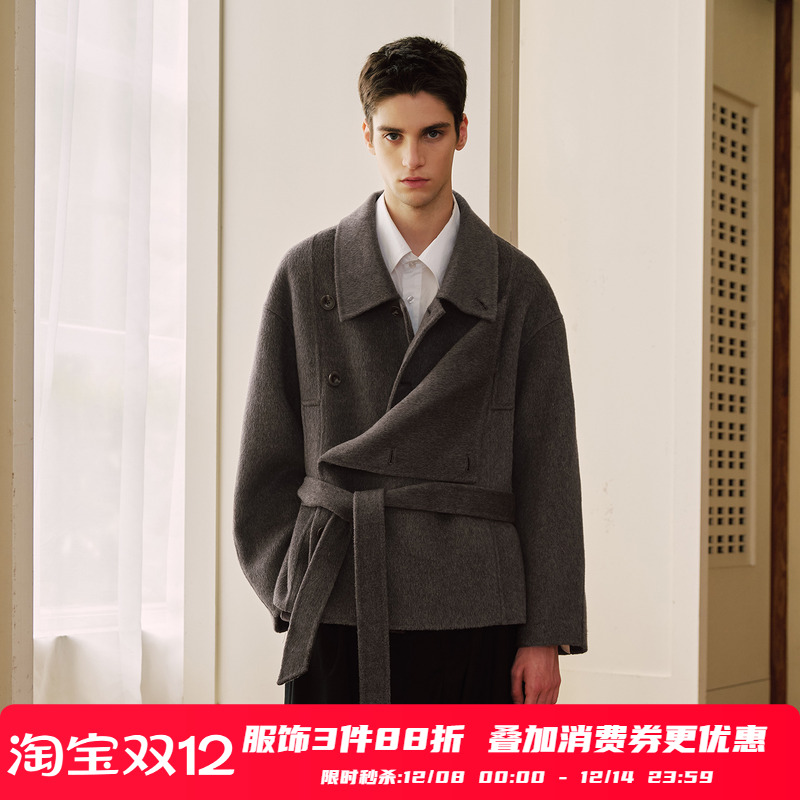 PSO Brand男装女装羊毛翻领束腰加厚加绒外套男款冬情侣毛呢夹克