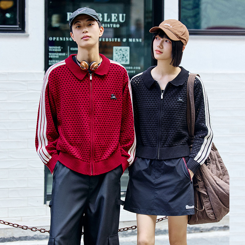 PSO Brand男装女装32支有色棉纱可爱小狗镂空拉链开襟毛衣外套