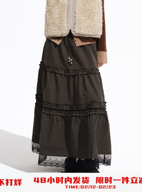 PSO Brand女装复古蕾丝休闲显瘦格子半身裙中长款A字长裙棕色裙子