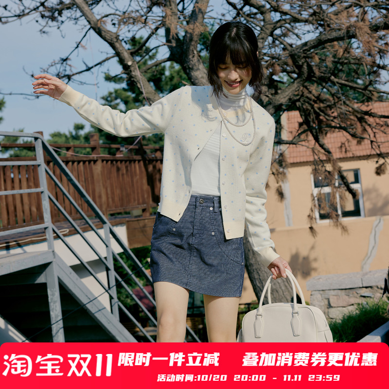 PSO Brand 女装烫钻波点正肩针织开衫修身女士毛衣外套发热保暖秋