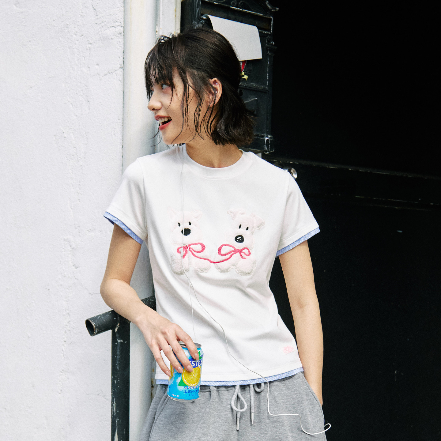 PSO Brand女装假两件可爱小狗撞色圆领短袖女t恤修身显瘦休闲上衣图片