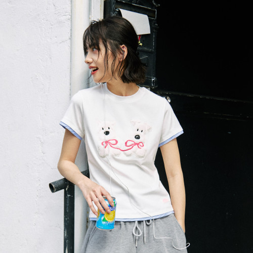 PSO Brand女装假两件可爱小狗撞色圆领短袖女t恤修身显瘦休闲上衣