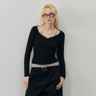 T恤女吊带背心挂脖上衣 莫代尔两件套条纹V领长袖 PSO Brand女装