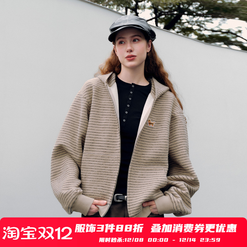 PSO Brand男装女装刺绣小狗磨毛针织条纹卫衣女款帽衫外套情侣装