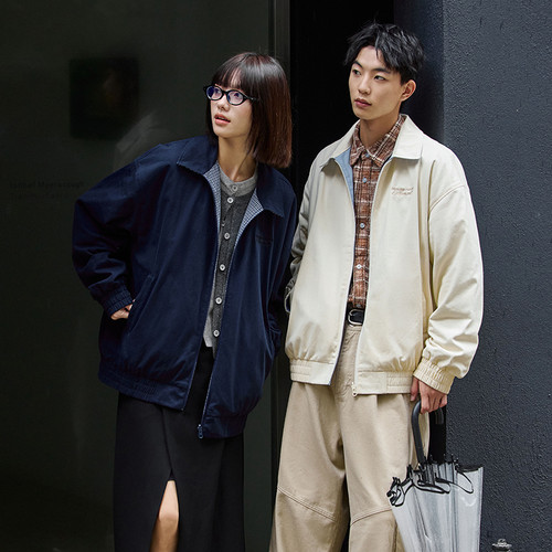 PSO Brand男装女装双面穿翻领纯色拉链夹克外套男宽松格子上衣潮