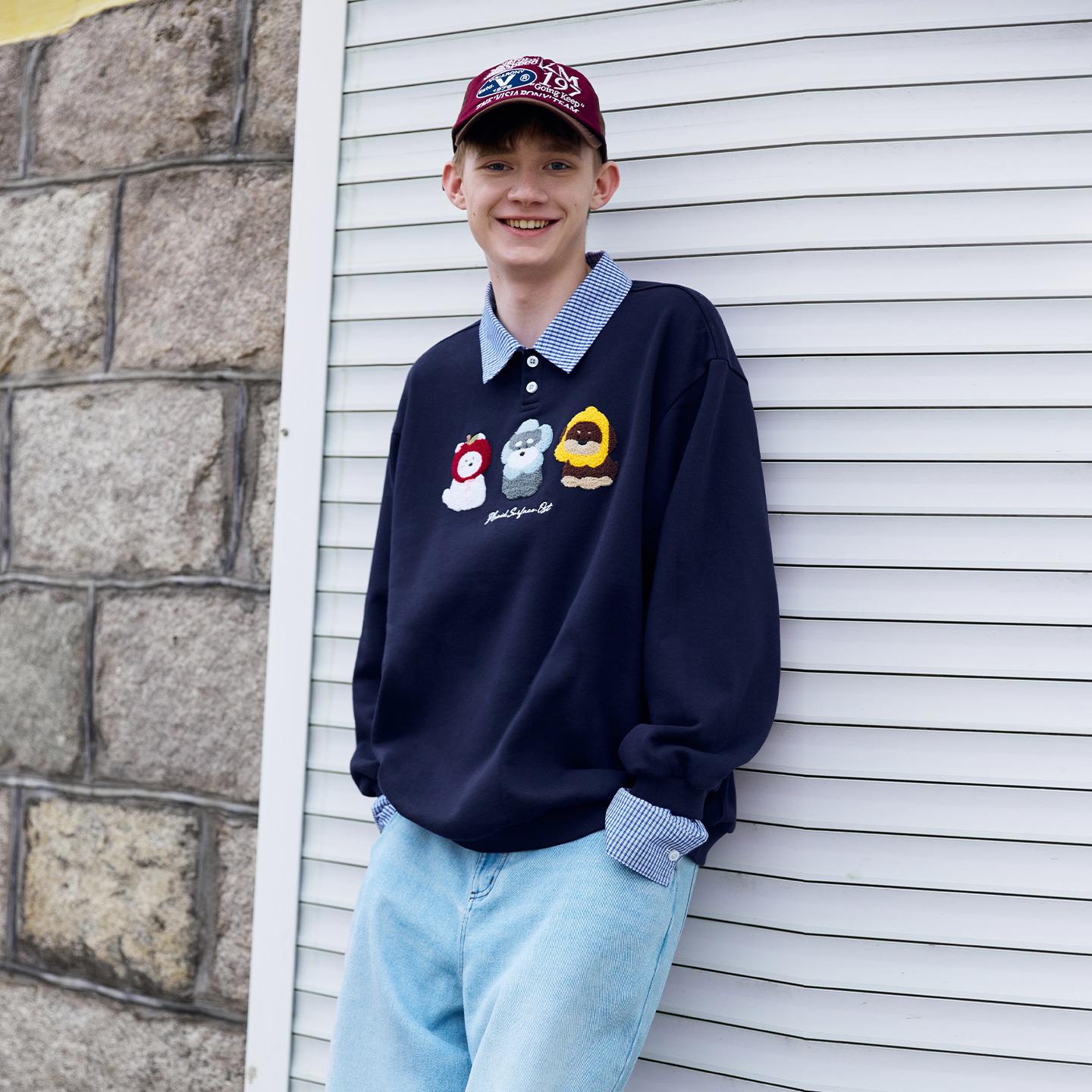 PSO Brand男装女装假两件水果小狗针织毛绒拼接polo情侣长袖卫衣