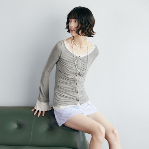 PSO Brand女装假两件撞色褶皱针织开衫修身长袖一字肩上衣百搭秋