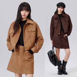 Brand女装 夹克短外套上衣秋季 美式 工装 学院风麂皮绒翻领短款 PSO