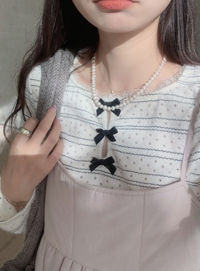 黑色蝴蝶结花边甜美条纹针织长袖内搭上衣