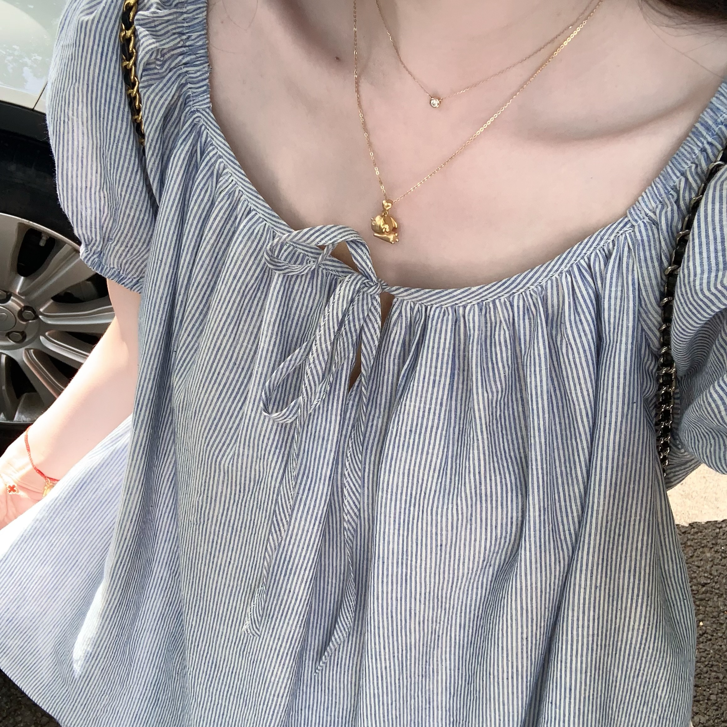 Emilyying夏季新款蓝竖条全棉系带宽松短袖上衣