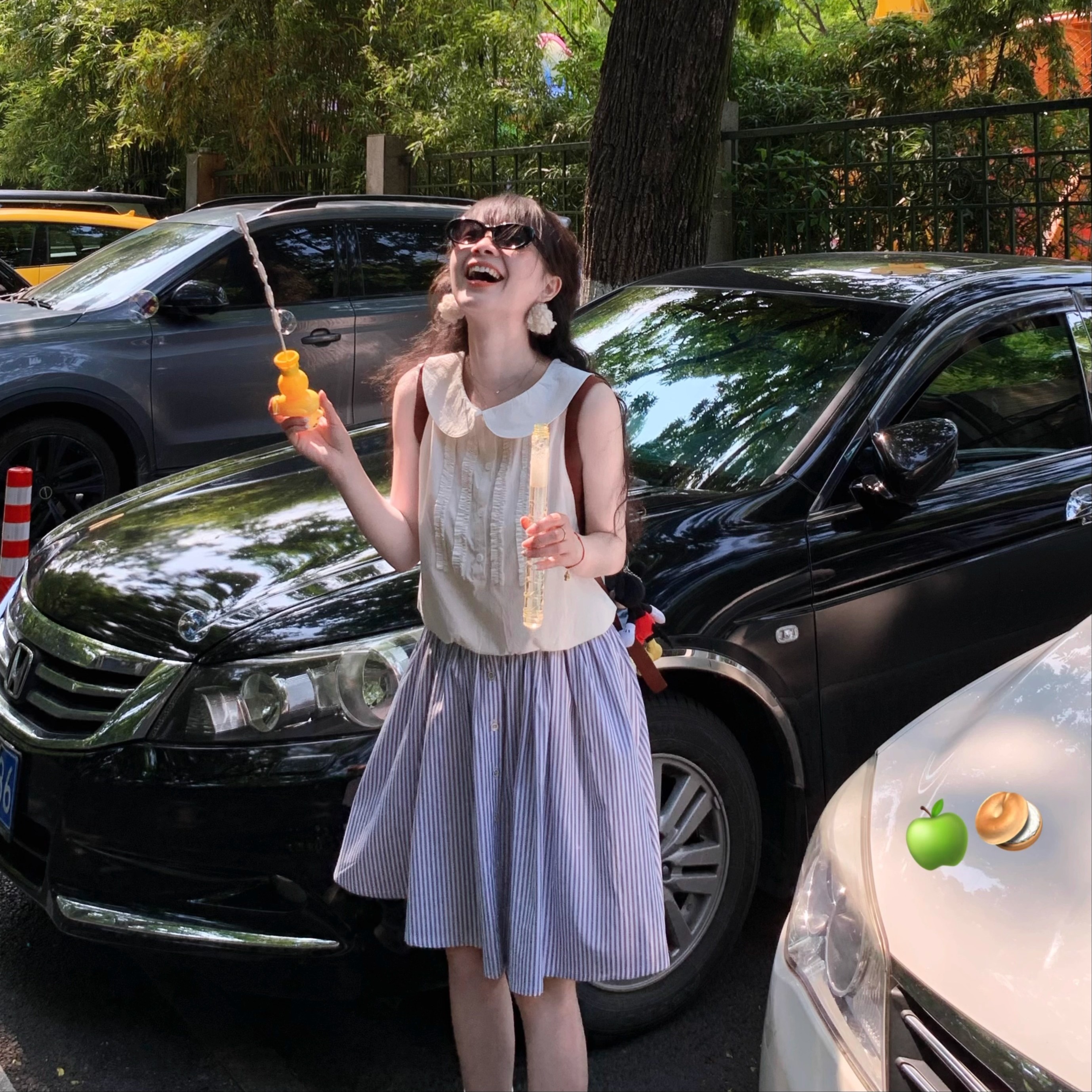 Emilyying2025新款夏日随性自在miu系灰竖条全棉半身裙