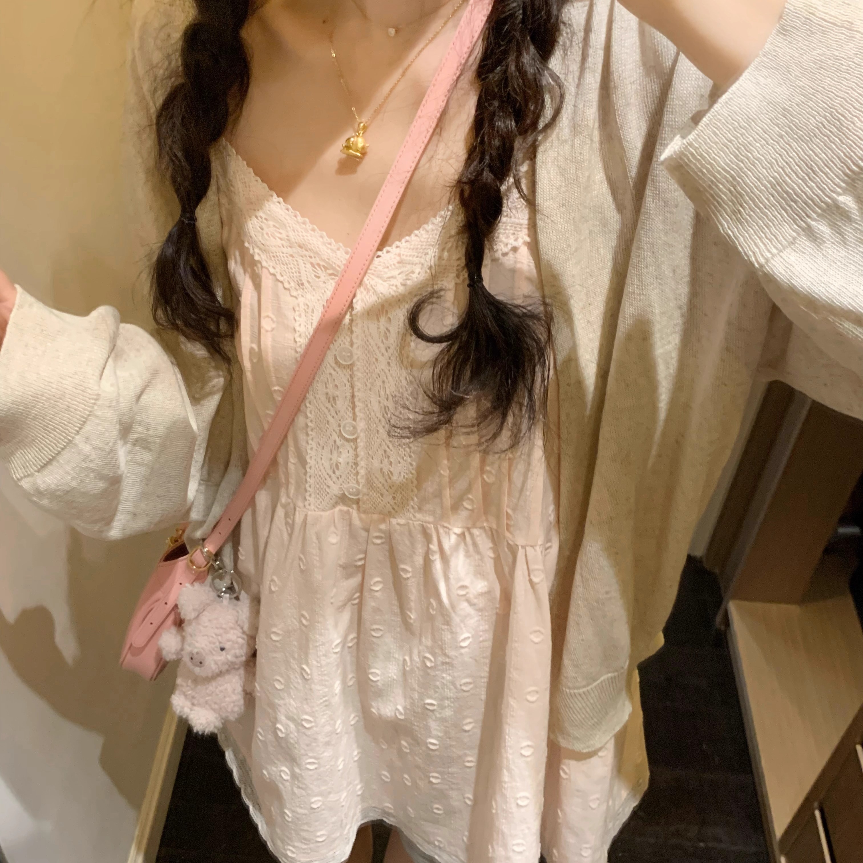 Emilyying春夏新款粉色甜美纯欲全棉剪花小个子内搭吊带裙