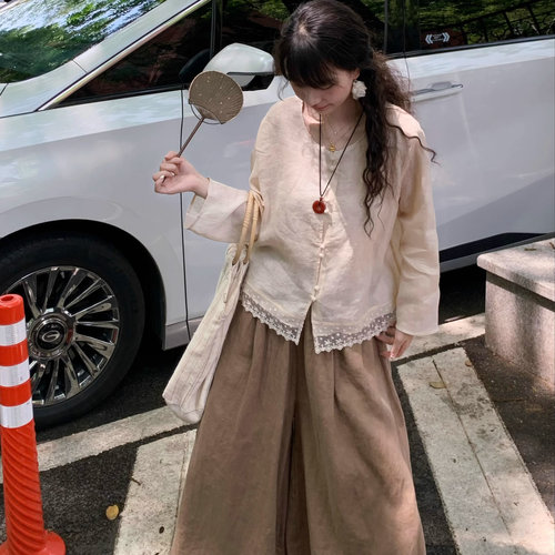 Emilyying春夏新款米杏色纯苎麻蕾丝花边防晒长袖开衫衬衫
