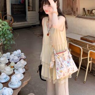 Emilyying2025新款少女古着感芥末黄天丝花边蛋糕裙