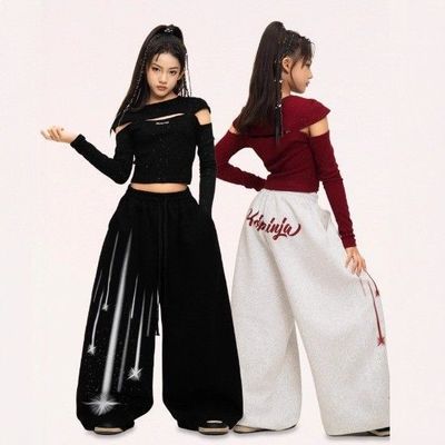 女童爵士舞露脐短款长袖上衣儿童少儿街舞运动裤子表演出服套装