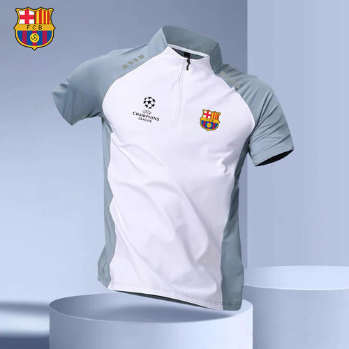 2025巴黎曼联巴萨国家队运动拉链短袖男立领透气速干吸汗T恤