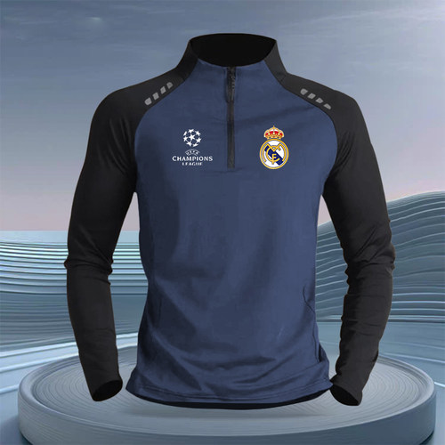 2025皇马曼联巴萨国家队运动拉链长袖男立领透气速干吸汗T恤