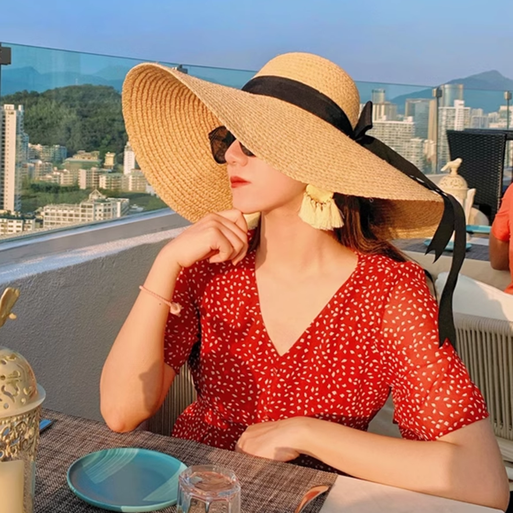 定制17cm超大檐拉菲草帽 手工可折叠遮阳帽子 夏天出游女沙滩帽