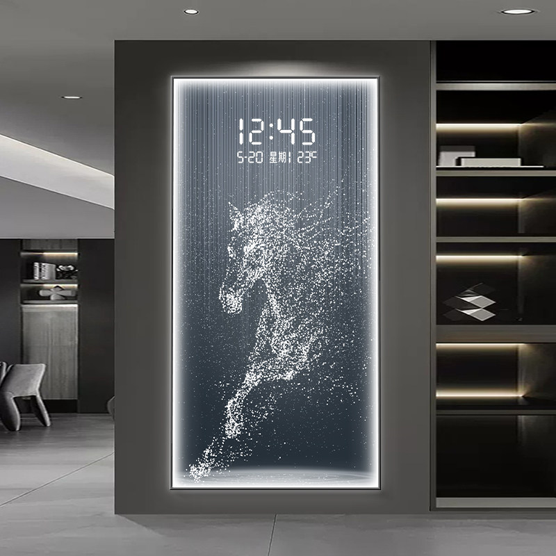 入户进门玄关装饰画骏马电子钟表带灯壁画轻奢高级感走廊时钟挂画