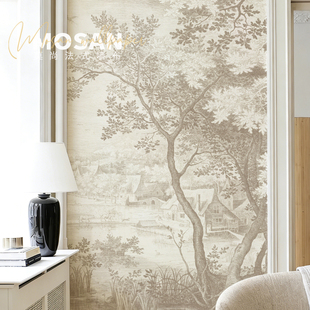 中古法式 电视背景墙布壁纸壁布床头复古玄关林中小屋墙纸定制壁画