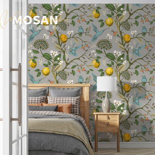 美式 田园客厅卧室背景墙布墙纸 花鸟柠檬复古植物无缝壁画花卉美式