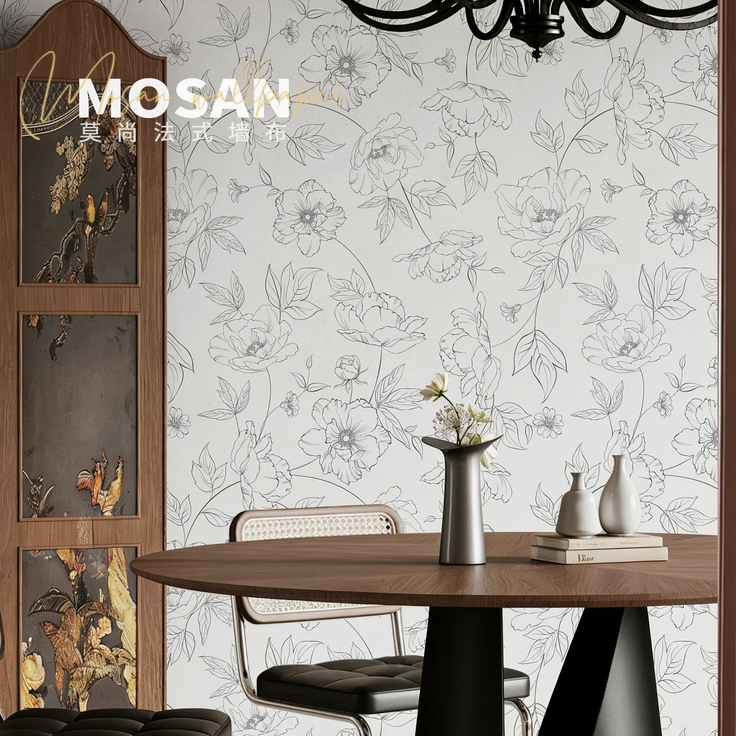 涂鸦花朵素描墙布法式复古风壁纸黑白背景墙纸高级感卧室客厅壁布