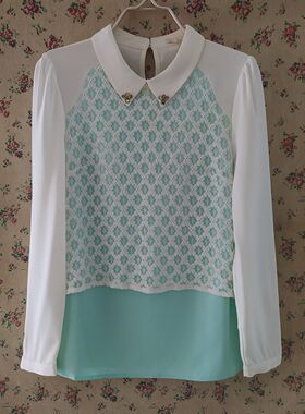 仅160码甜美学院风蕾丝拼接雪纺衬衫女长袖娃娃领洋气上衣T13