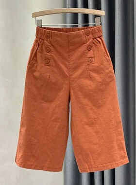 通勤风高腰阔腿裤女2026夏季橙色纽扣七分裤松紧腰百搭休闲裤