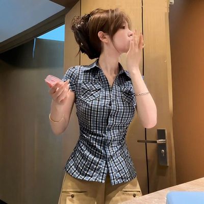 设计感小众辣妹美式复古撞色格子短袖衬衫女夏季修身显瘦百搭上衣