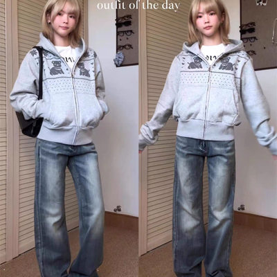 韩系复古小熊灰色连帽卫衣女早秋季2025新款收腰短款拉链开衫外套