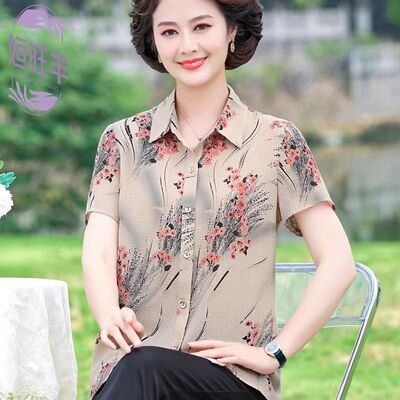 中老年新款女装春夏装短袖花色打底衫上衣洋气妈妈薄款翻领女衬衣