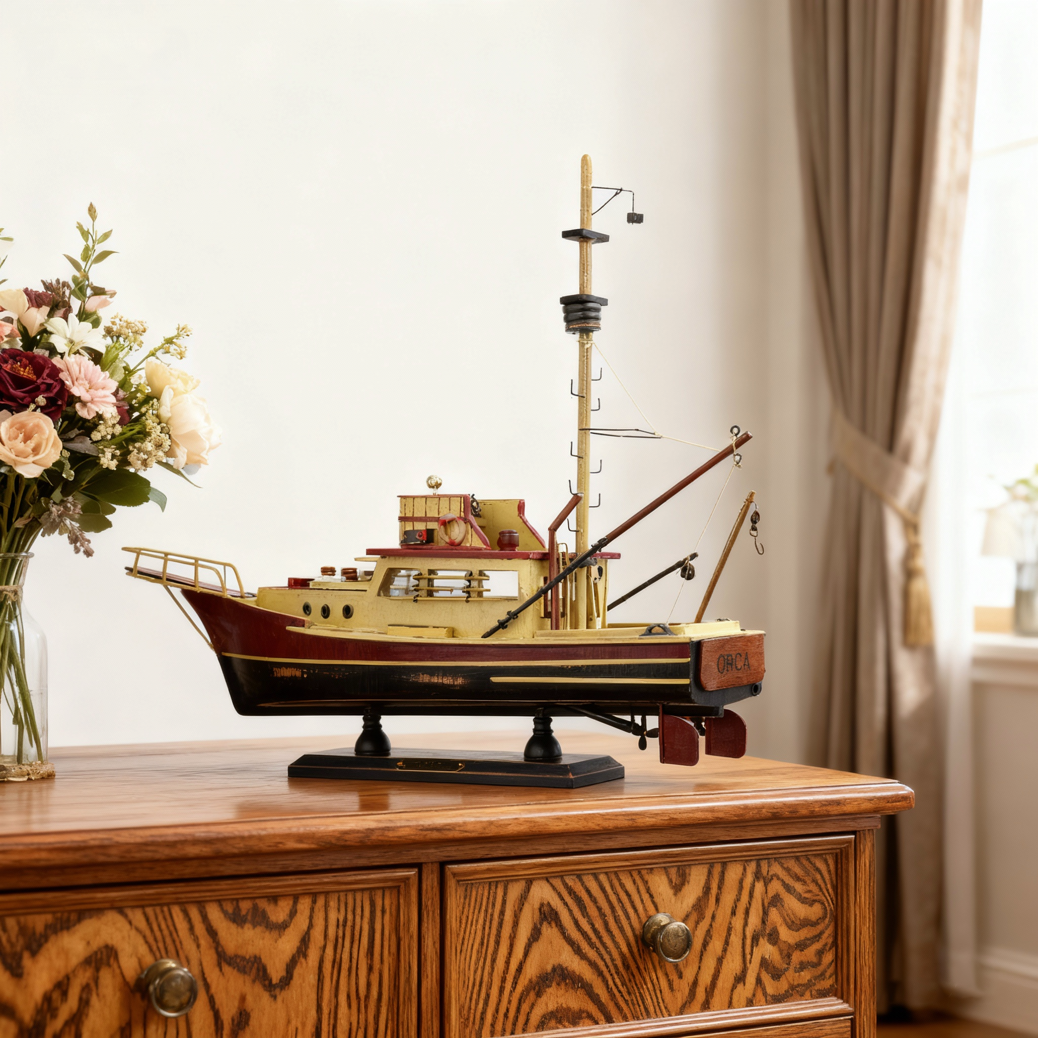 欧美式实木质工艺渔船模型客厅摆件餐厅场景地中海风格装饰大白鲨