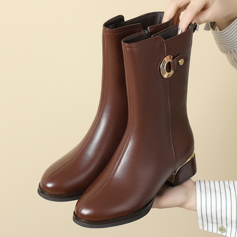 全真皮粗跟中筒靴百搭软底妈妈鞋