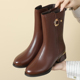 加绒棉鞋 大码 百搭软底女靴软皮妈妈鞋 全真皮粗跟中筒靴2025秋冬季
