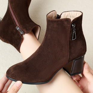 全羊皮粗跟短靴秋冬真皮百搭中跟女靴大码皮靴不累脚软底加绒棉鞋