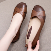 春秋复古拼色单鞋 大码 平底软皮女鞋 真皮软底妈妈鞋 中老年浅口皮鞋