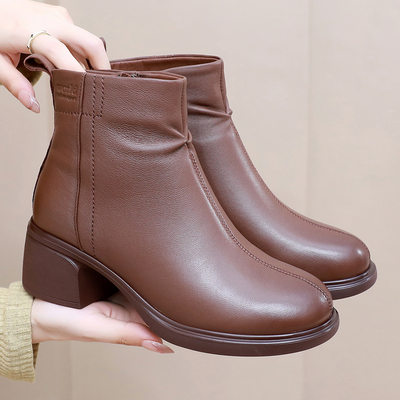 全羊皮粗跟短靴软底软面薄棉女靴
