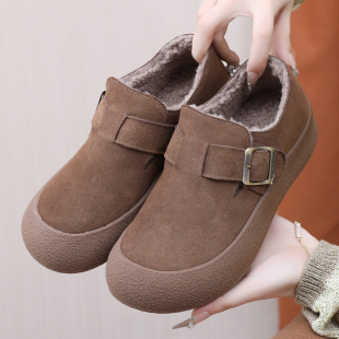 真皮加绒勃肯鞋2025冬季百搭平底毛毛女鞋大码皮鞋一脚蹬软底棉鞋