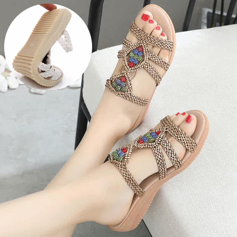 2019夏季新款平底涼拖鞋女大碼平跟牛筋底外穿編織海邊度假沙灘鞋在類目 女鞋, 拖鞋中 - 來自Buy2taobao.com提供專業的淘寶代購服務