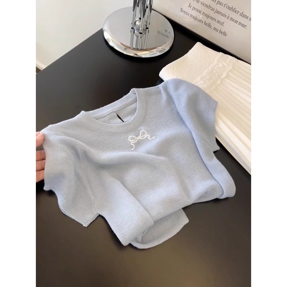 进口蓝色蝴蝶结刺绣薄款针织短袖T恤女2025夏装新款镂空正肩小衫