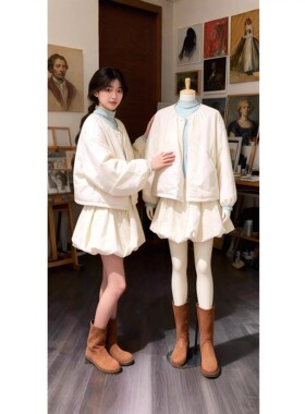 2025年冬季新款圆领保暖棉服夹克外套蓬蓬花苞半身裙两件套装