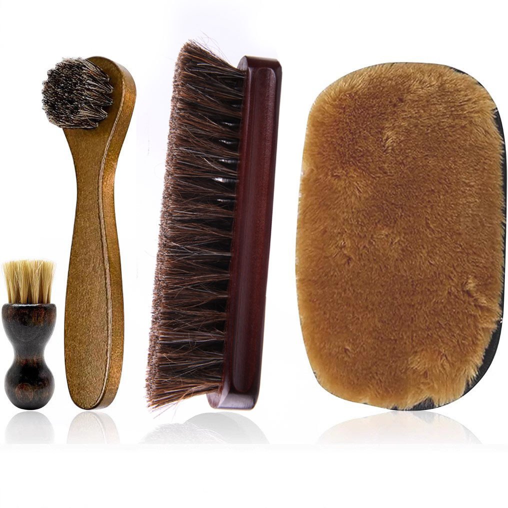 进口实木制深色马毛刷皮革汽车鞋抛光清洁清理上油刷抛光手套套装