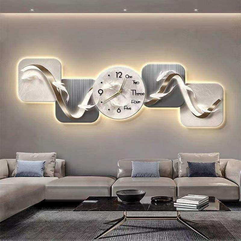 九鱼图客厅装饰画高级感带钟表沙发背景墙挂画大气轻奢led灯壁画