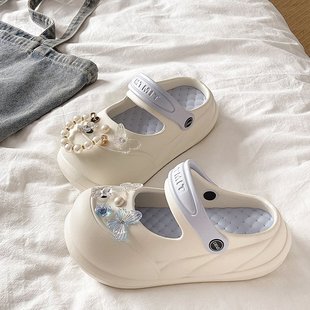 蝴蝶珍珠学生外穿室内防滑厚底包头凉 时尚 进口玛丽珍洞洞鞋 女夏季