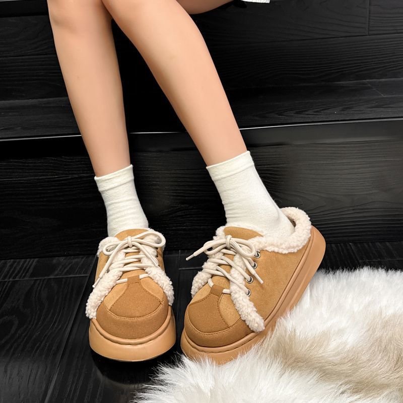 胖I东来棉拖鞋女冬季学生外穿时尚拼色系带加绒保暖毛毛室内家居