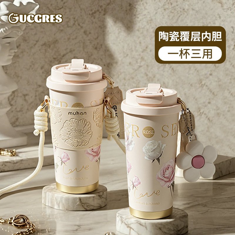 正版【GUCGRES】轻奢保温杯陶瓷内胆咖啡杯女高颜值随行便携吸管图片