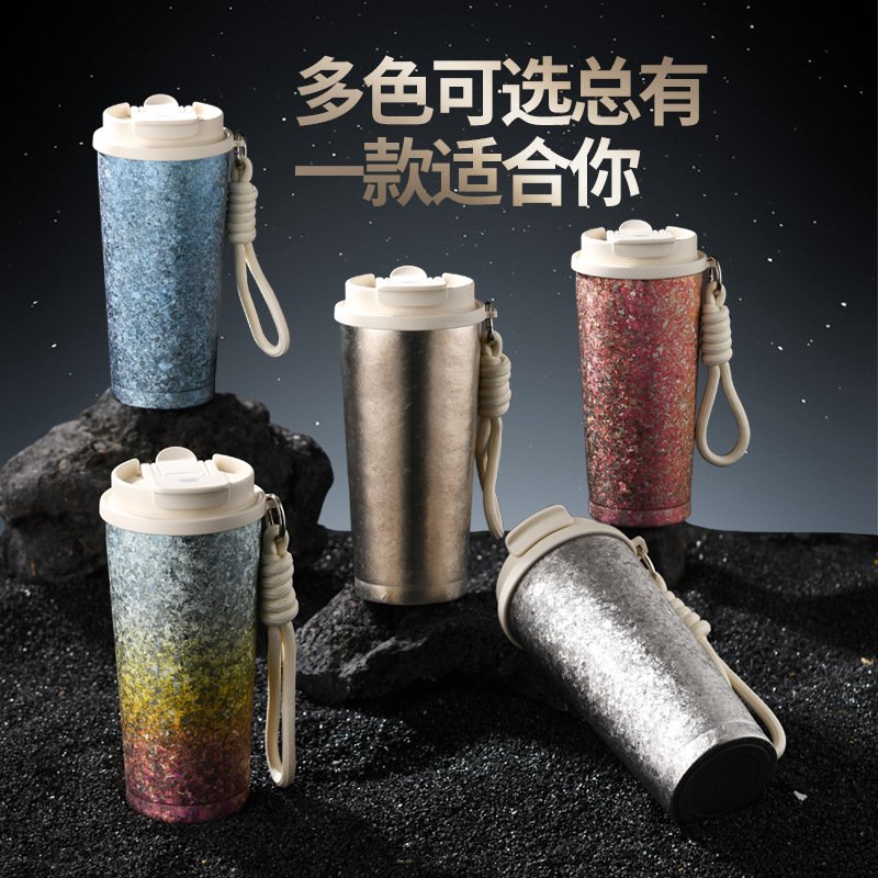 进口新款渐变色钛杯双层大冰花咖啡杯便携大容量水杯纯钛双饮保温