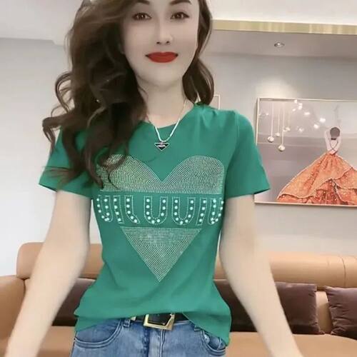 韩国进口宽松大码重工烫钻短袖T恤女夏季新款设计感时尚显瘦减龄i