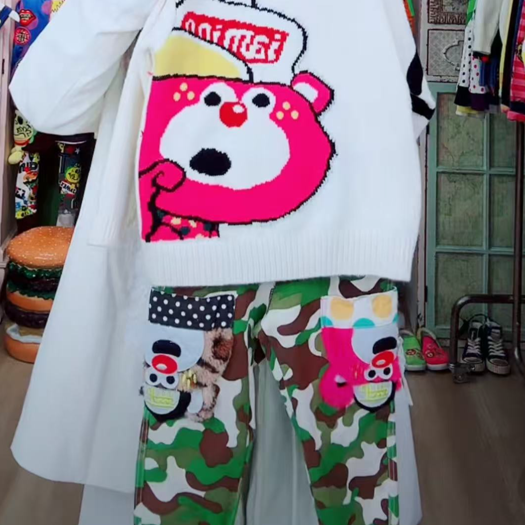 TOMATO家 日系潮牌童装  JAM小熊毛绒口袋军绿迷彩裤